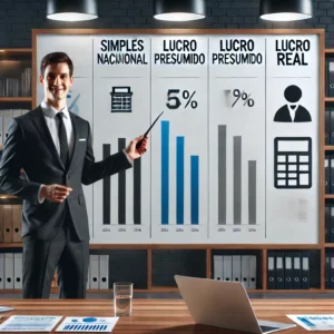 Dall·e 2025 01 15 09.50.37 A Professional Office Setting With A Business Person Standing Next To A Large Board Displaying Three Columns, Each Labeled With One Of The Three Main - CBP Contabilidade Brasil Partners